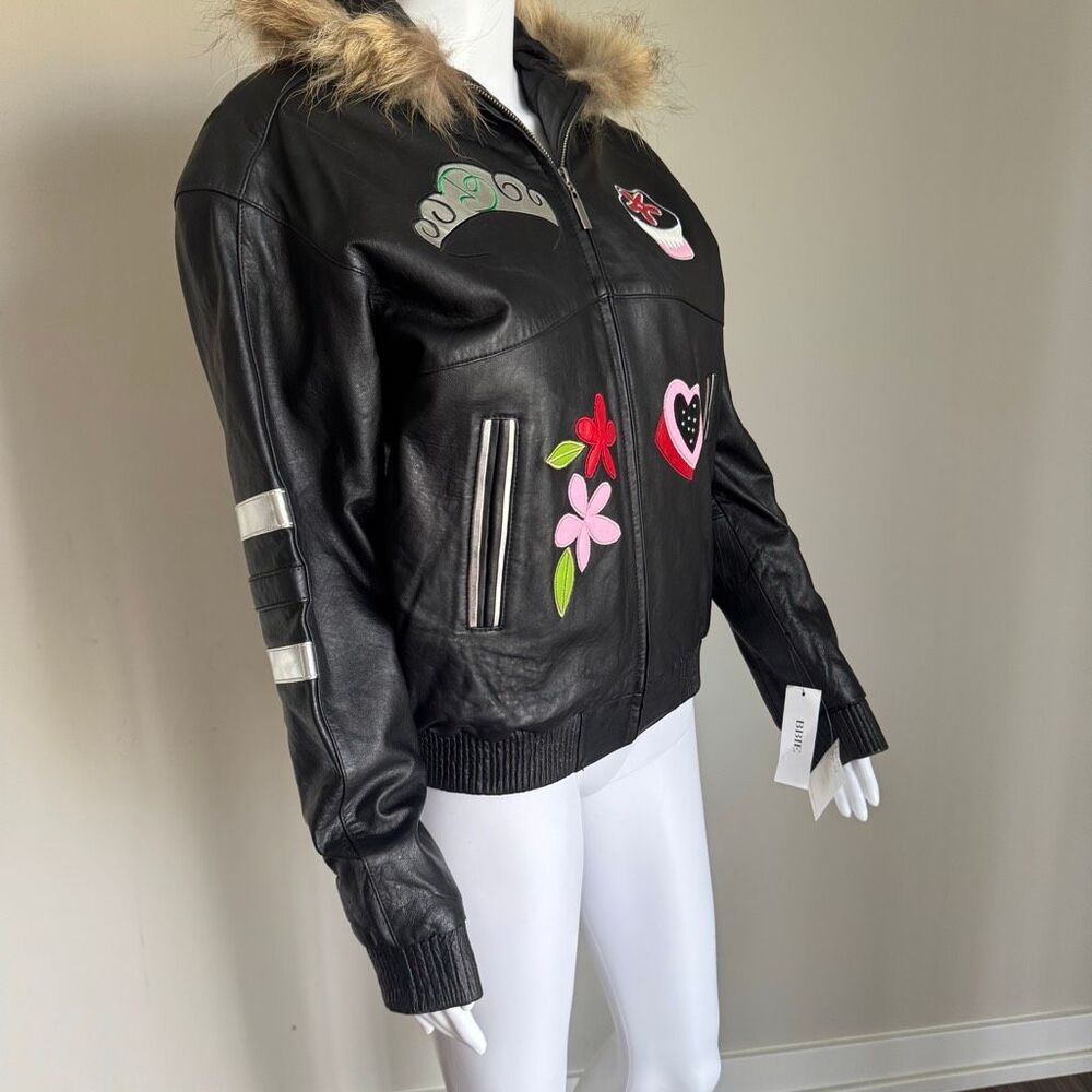 Barbie Custom Embroidered Glam Graphic Leather Jacket With Faux Fur Hood - Picture 3 of 13